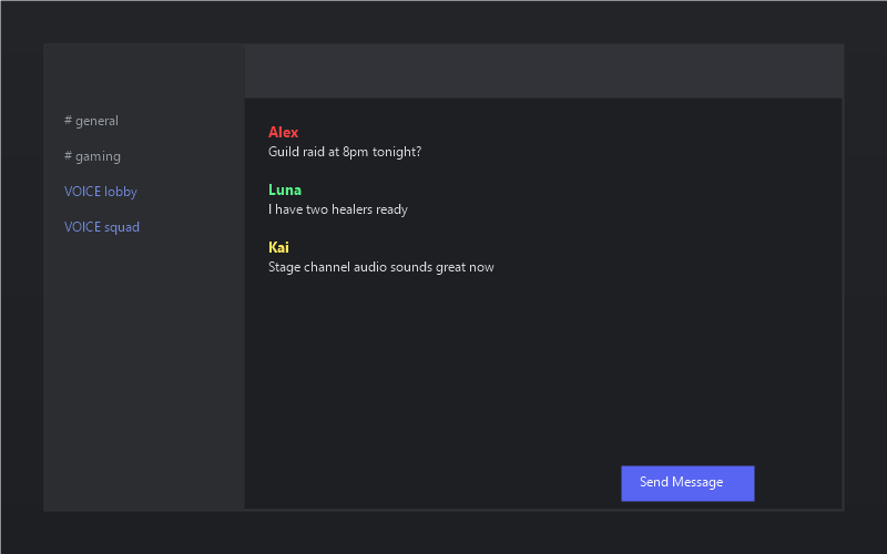 Discord 文字频道界面，展示频道列表、消息流与成员面板